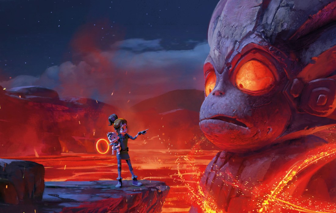 Monkey Prince Concept Art, Girl surrounded by lava, in front of a monkey king statue